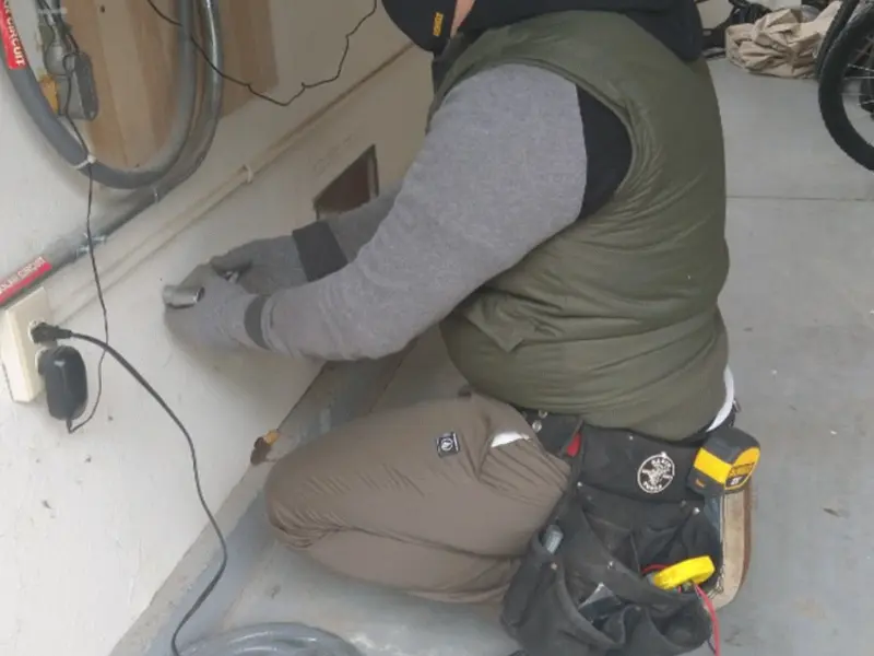 Electrician performing outlet wiring in a Sawmills garage